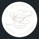 Romantic Guld Merry Circular Returadress Runt Klistermärke<br><div class="desc">De här romantiska guld-klistermärken för cirkelformade returadresser är perfekt för ett enkelt helgdag- eller inbjudningsomslag. Den moderna klassiska designen har finare-snurrar och vitaktiga blomningar med elegant elegant-handskriven faux champagne guld-folie-typografi.</div>