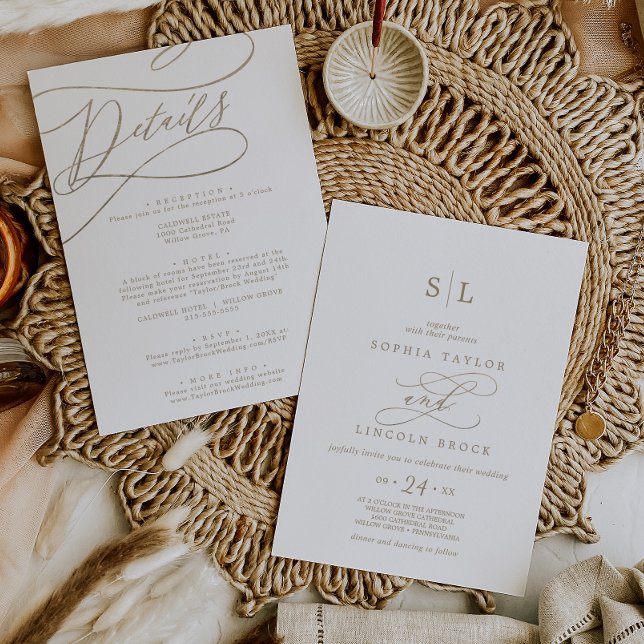 Romantic Guld Monogram Front och Back Bröllop Inbjudningar (Skapare uppladdad)