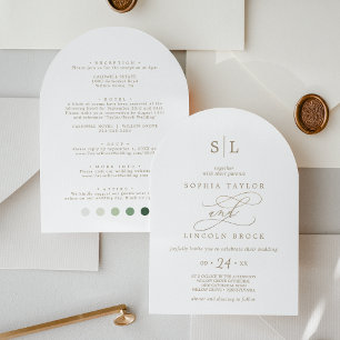 Romantic Guld Monogram Information Attire Arch Brö Inbjudningar