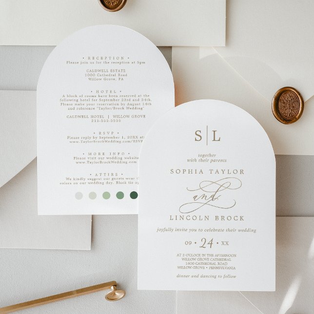 Romantic Guld Monogram Information Attire Arch Brö Inbjudningar (Romantic Gold Monogram Details Attire Arch Wedding Invitation)