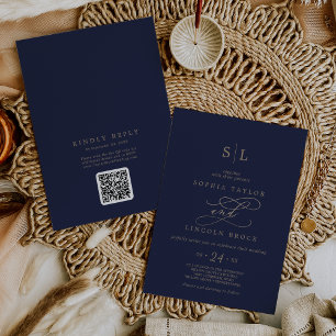 Romantic Guld Navy Monogram QR-kod Bröllop Inbjudningar