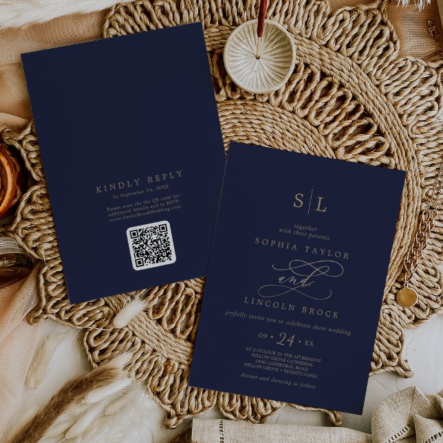 Romantic Guld Navy Monogram QR-kod Bröllop Inbjudningar (Skapare uppladdad)