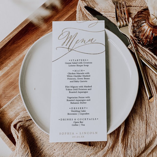 Romantic Guld och Black Calligraphy Bröllop Menu Inbjudningar (Skapare uppladdad)