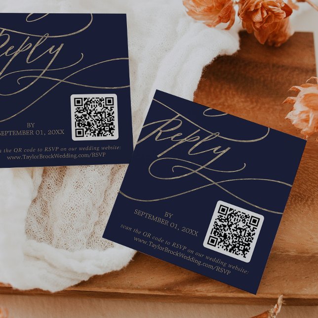 Romantic Guld och Navy QR Code Bröllop OSA Tilläggskort (Skapare uppladdad)
