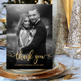 Romantic Guld Script 2 Black White Photo Bröllop Tack Kort
