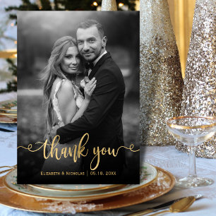 Romantic Guld Script 2 Black White Photo Bröllop Tack Kort
