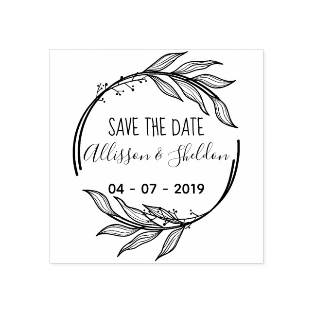 Romantic Hand Draw Leaves Save The Date Stämpel (Tryck)