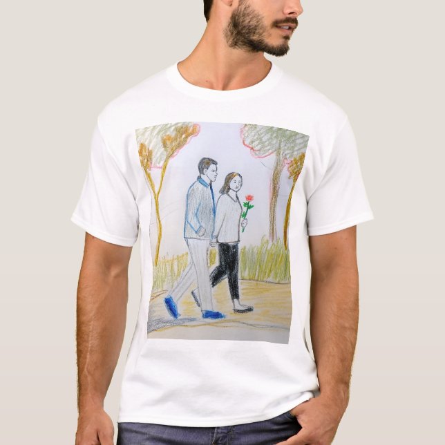 Romantic Hand-Drawn Couple Walking in Park t-shirt (Framsida)