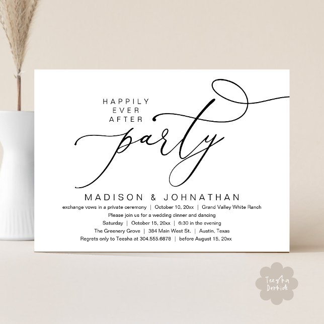 Romantic Happily Ever After Party, Wedding Dinner Inbjudningar (Happily Ever After Party, Romantic Wedding Dinner Invitation Card PDF aesthetic Classy White Black)