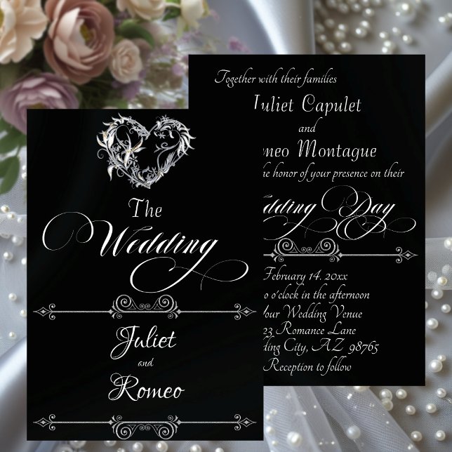 Romantic Heart & Calligraphy on Black - Wedding Inbjudningar (Skapare uppladdad)