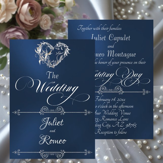 Romantic Heart & Calligraphy on Blue - Wedding Inbjudningar (Skapare uppladdad)