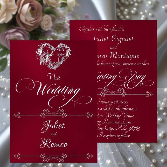 Romantic Heart & Calligraphy on Burgundy - Wedding Inbjudningar (Skapare uppladdad)
