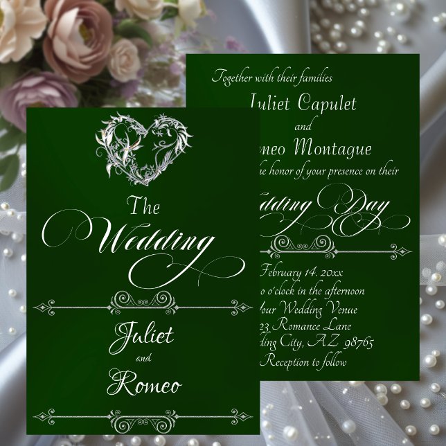 Romantic Heart & Calligraphy on Emerald - Wedding Inbjudningar (Skapare uppladdad)