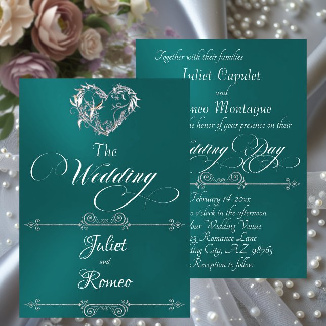 Romantic Heart & Calligraphy on Teal - Wedding Inbjudningar (Skapare uppladdad)