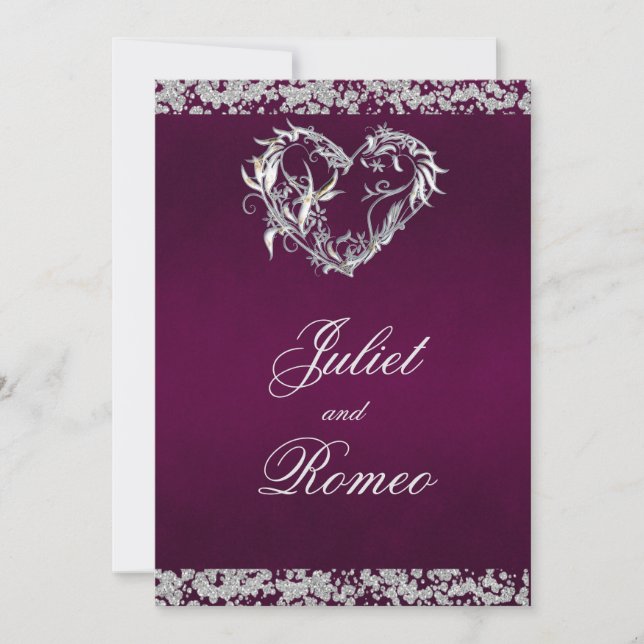 Romantic Heart & Glitter on Plum Wedding Inbjudningar (Framsida)