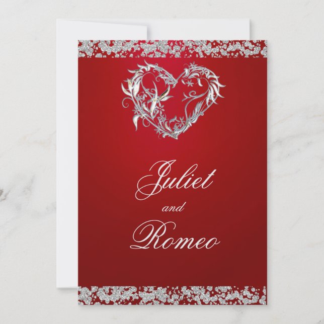 Romantic Heart & Glitter on Red Wedding Inbjudningar (Framsida)