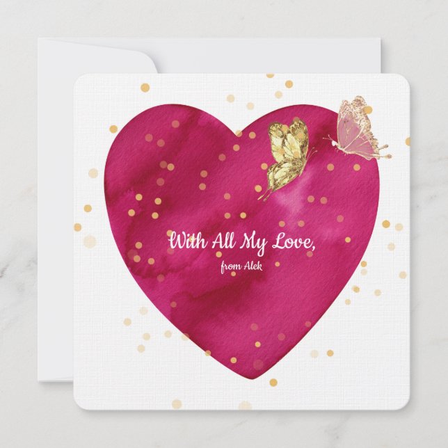 Romantic Heart & Gold Butterfly Valentine Card Julkort (Framsida)