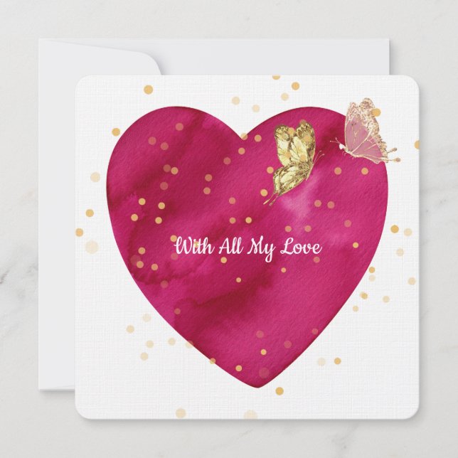 Romantic Heart & Gold Butterfly Valentine Card Julkort (Framsida)
