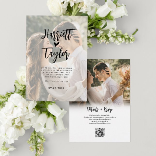Romantic Heart Script 2 Photo QR Code Bröllop Inbjudningar (Skapare uppladdad)