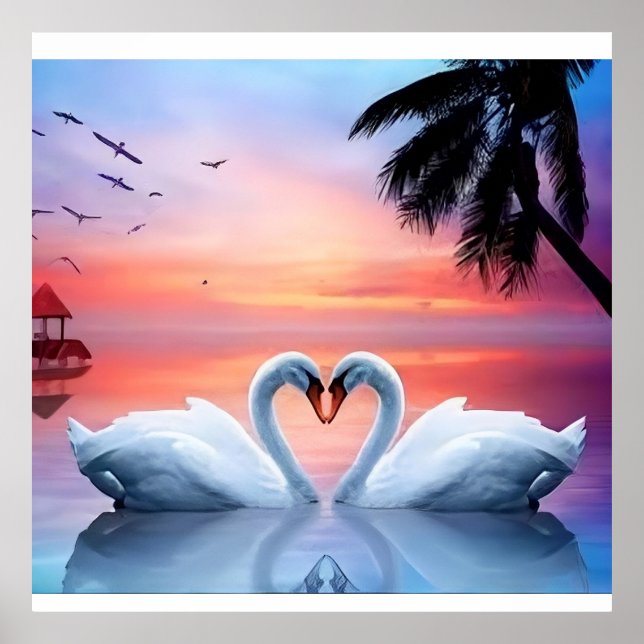 Romantic Heart Swans Tropical Sunset Paradise Poster (Framsidan)