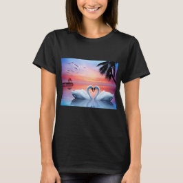 Romantic Heart Swans Tropical Sunset Paradise T Shirt