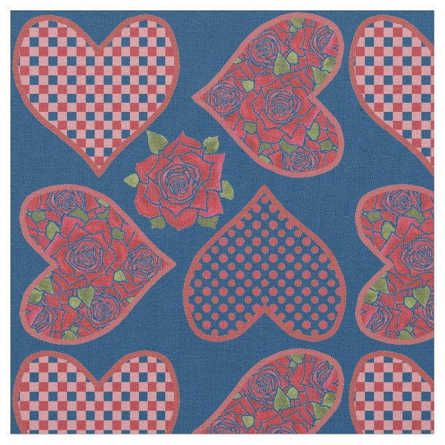 Romantic Hearts och Röd ros Mönster Fabric Tyg (Närbild)