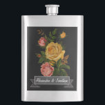 Romantic Heirloom Vintage Blommigt Ro on Black Fickplunta<br><div class="desc">Engelsk Cottagecore Aesthetic Romantic Heirloom Vintage Blommigt Rosa and Gul ros on Black med Chalkboard Banner presenterar Bride and Groom</div>