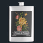 Romantic Heirloom Vintage Blommigt Ro on Black Fickplunta<br><div class="desc">Engelsk Cottagecore Aesthetic Romantic Heirloom Vintage Blommigt Rosa and Gul ros on Black med Chalkboard Banner presenterar Bride and Groom</div>