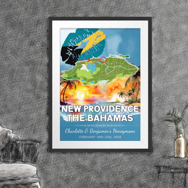 Romantic Honeymoon New Providence Bahamas Karta Poster (New Providence Bahamas Honeymoon Memories Poster - Sketch Mockup)