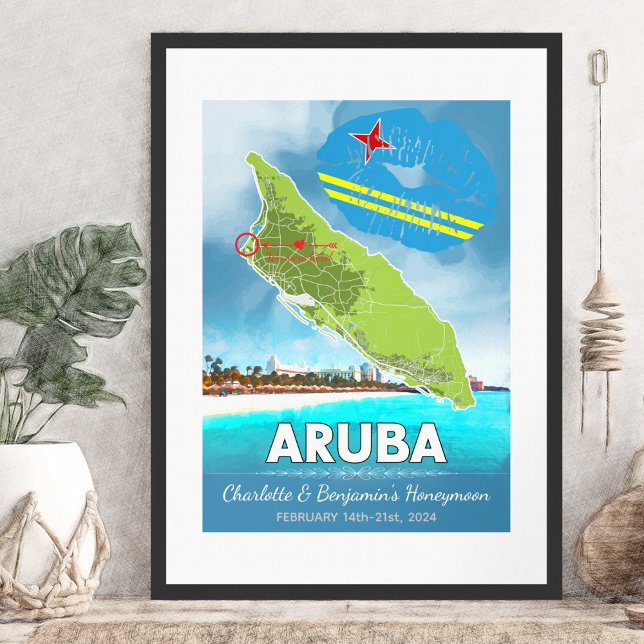 Romantic Honeymoon Vacation Aruba Karta Poster (Romantic Honeymoon Vacation Memories of Aruba in the Caribbean Map Poster - Sketch Mockup)