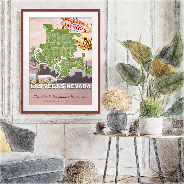 Romantic Honeymoon Vacation Las Vegas Nevada Karta Poster (Las Vegas Nevada Romantic Honeymoon Vacation Memories Poster - Sketch Mockup)