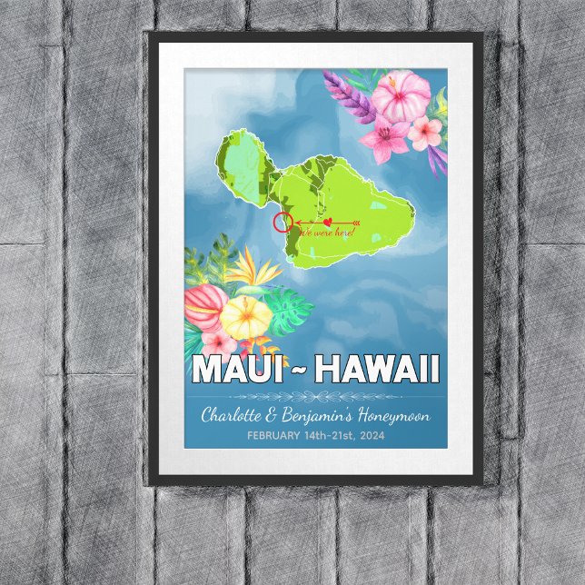 Romantic Honeymoon Vacation Maui Hawaii Karta Poster (Maui Hawaii Map Honeymoon Vacation Poster - Sketch Mockup)