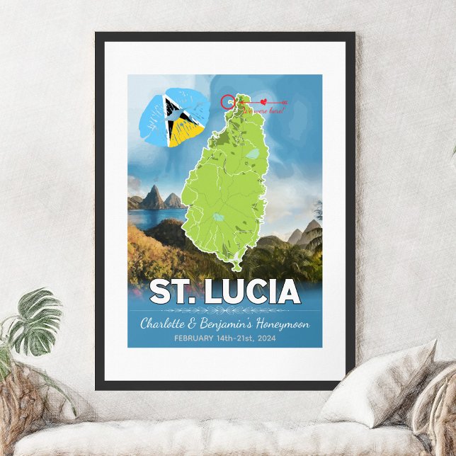 Romantic Honeymoon Västindien St Lucia Karta Poster (Romantic Honeymoon Vacation To St Lucia Map Poster - Sketch Mockup)