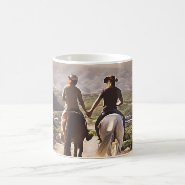 Romantic Horse Riders Holding Händer målat Kaffemugg (Center)