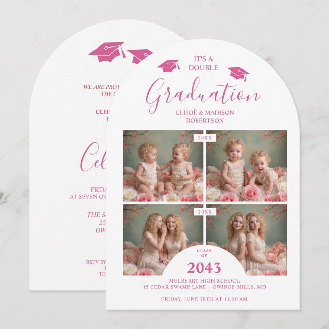 Romantic Hot Pink 4-Photo Double Twins Grads TMF26 Inbjudningar (Fram/baksida)