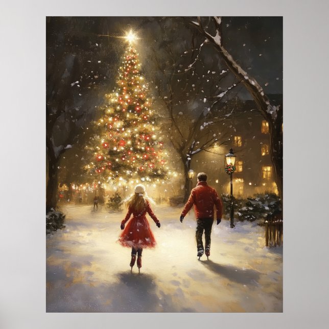Romantic Ice Skating Couple Christmas Wall Art Poster (Framsidan)