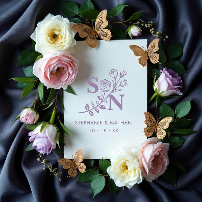 Romantic Initials Wildflowers Branches Wedding  Stämpel (Romantic Delicate Classic Initials Flowers Branches Wedding for Rubber Stamps. )
