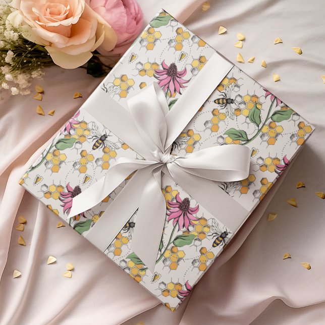 Romantic Ivory Queen Bee, Honeycomb & Flowers Presentpapper (Elegant Hand-Drawn Buzzing Queen Bee, Honeycomb & Pink Exotic Flower Gift Wrap for Nature Lovers.)