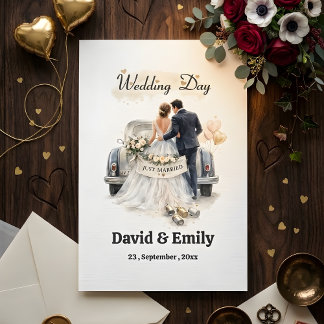 Romantic "Just Married" Couple & Vintage Car  Inbjudningar