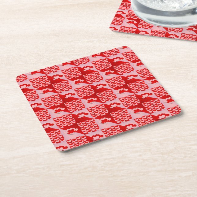 Romantic Kärlek Hearts Mönster Red Rosa Valentine Underlägg Papper Kvadrat (Vinklad)
