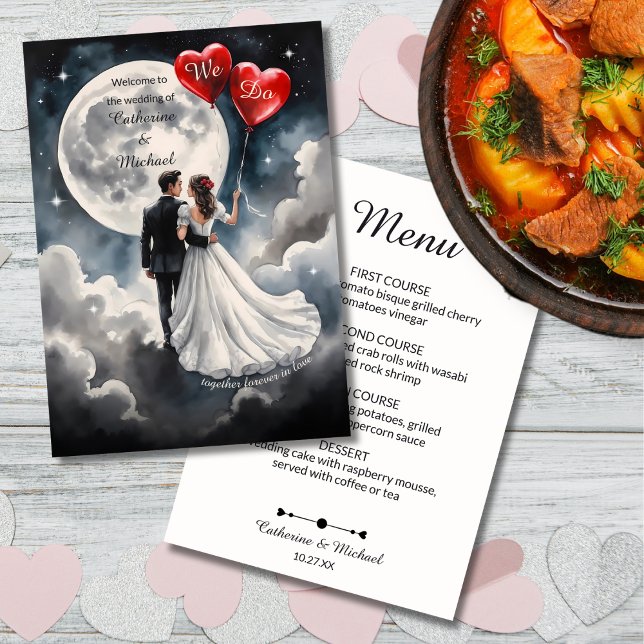 Romantic Kärlek på Cloud Nine Fairytale Bröllop Meny (Flat lay celestial bride groom with red hearts moon stars – On Cloud Nine Wedding Menu)