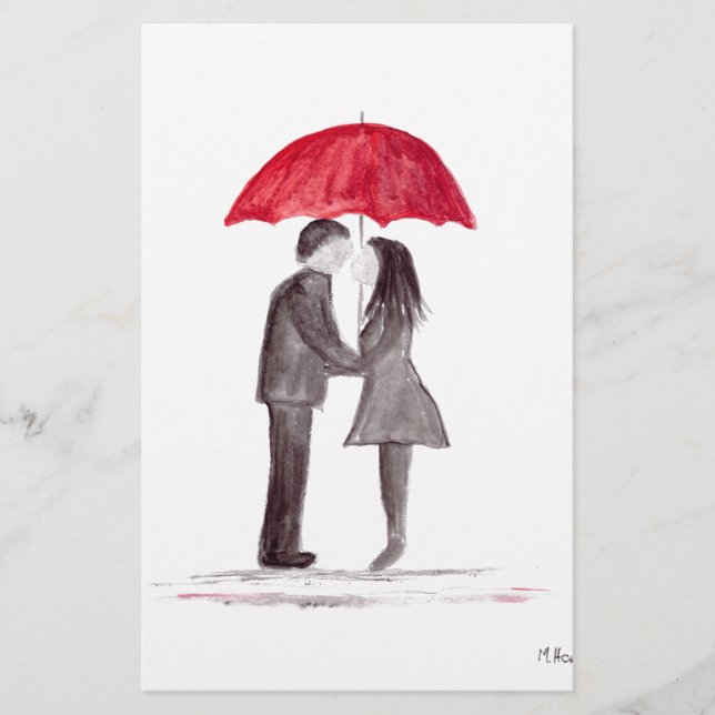 Romantic kärlek par med röd paraplyvattenfärg brevpapper (Framsida)