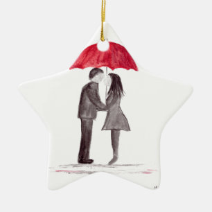 Romantic kärlek par med röd paraplyvattenfärg julgransprydnad keramik
