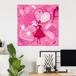 Romantic Kärlek Silhouette Mönster Rosa Hearts Poster