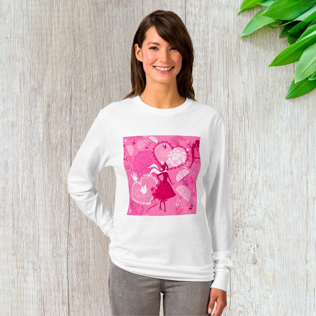 Romantic Kärlek Silhouette Mönster Rosa Hearts T Shirt (Skapare uppladdad)