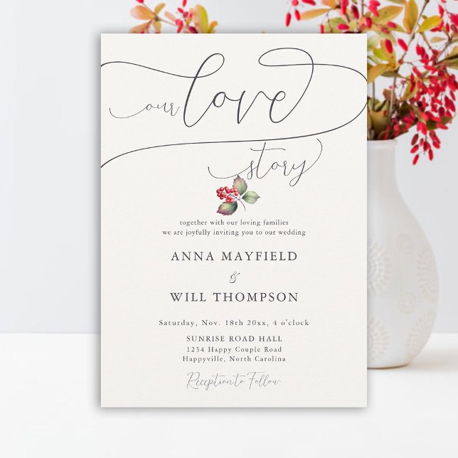 Romantic Kärlek Story Winter Berries Elegant bröll Inbjudningar (winter red berries love story romantic elegant wedding invitation minimalist classy country rustic)