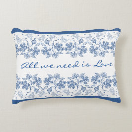 Romantic Kärlek Text Indigo Blue Blommigt Gräns Prydnadskudde