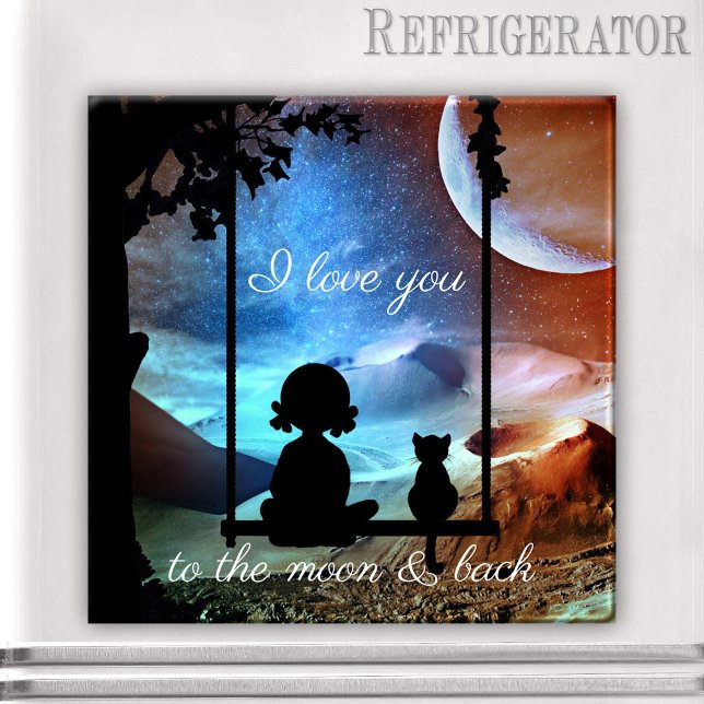 Romantic Kattunge Moonlight Kärlek Magnet (Magnet featuring a little girl and her kitty on a swing overlooking a fantasy landscape with moon)