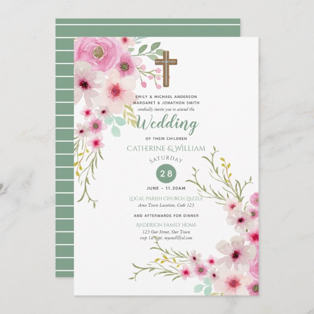 Romantic Kor Bröllopsinbjudan Blommigt Rosa Sage Inbjudningar (Fram/baksida)