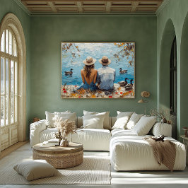Romantic Lakeside Scene med Ankor och par Poster